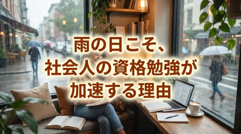 雨の日のカフェで静かに資格勉強に集中する社会人を描き、天候を活かして学習効率が高まる様子を表現したシーン。