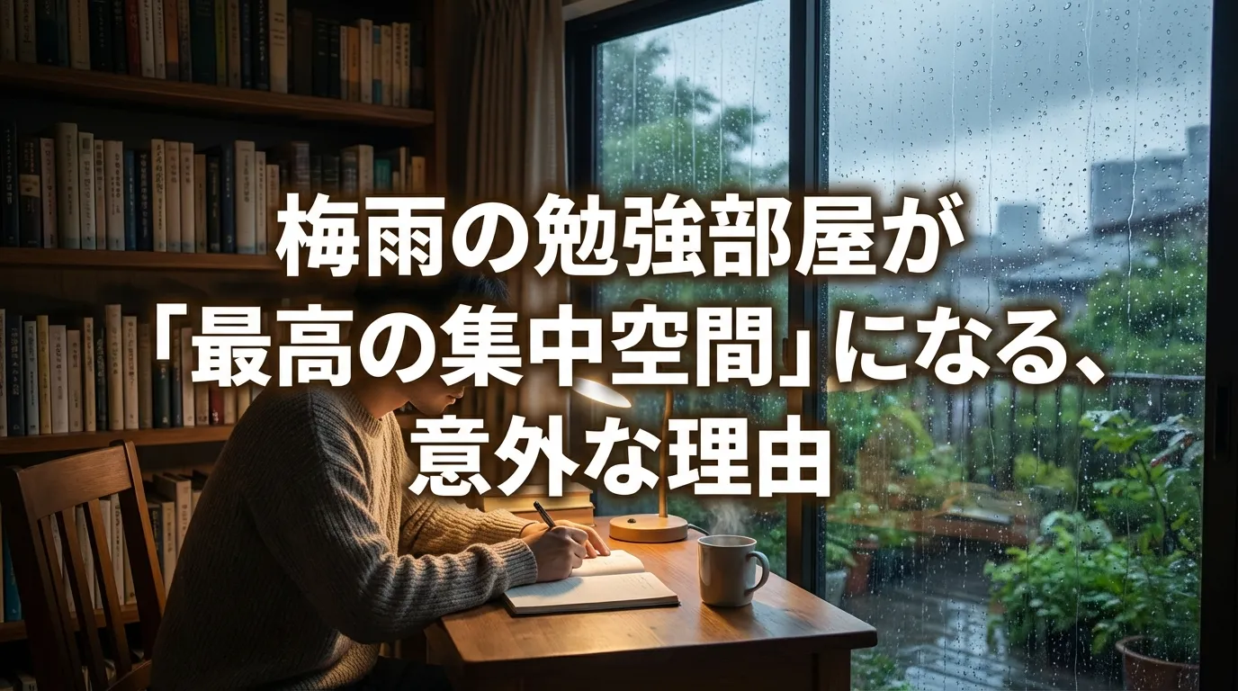 梅雨の雨音が響く部屋で机に向かい集中して勉強する様子を描き、雨の日の静かな環境が学習効率を高めることを表現したシーン。