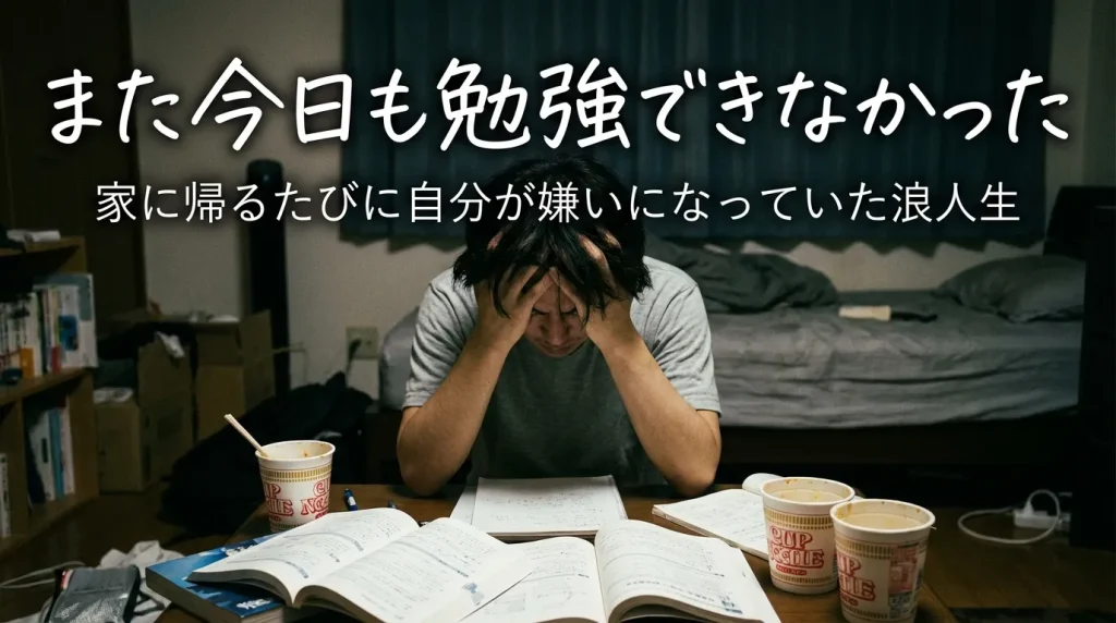 部屋で机に向かい参考書を広げたまま頭を抱えて落ち込む男性の様子。カップ麺の空き容器が置かれ、勉強できなかった自己嫌悪を表現したシーン。