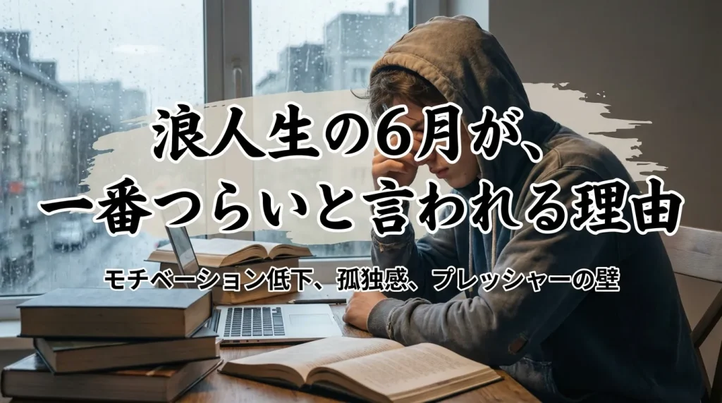 雨の6月に机で悩みながら勉強する浪人生を描き、モチベーション低下や孤独感など精神的に厳しい時期を表現したシーン。