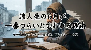 雨の6月に机で悩みながら勉強する浪人生を描き、モチベーション低下や孤独感など精神的に厳しい時期を表現したシーン。