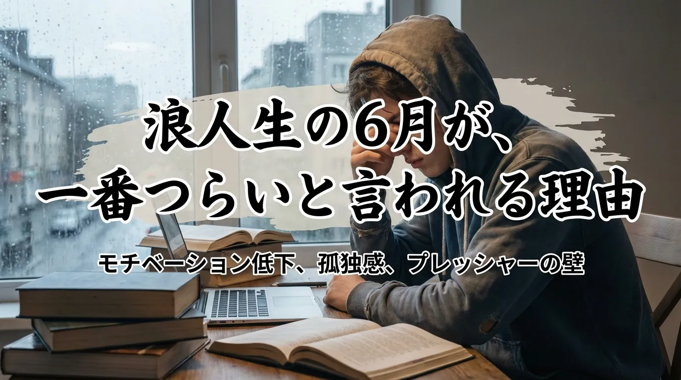 雨の6月に机で悩みながら勉強する浪人生を描き、モチベーション低下や孤独感など精神的に厳しい時期を表現したシーン。