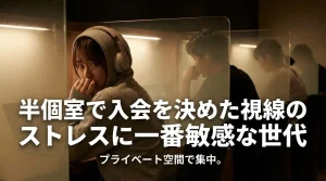 自習室の半個室ブースを選ぶ理由を解説するバナー。周囲の視線をストレスに感じる世代に向けて、仕切りのあるプライベート空間でヘッドホンをして集中する女性の様子。