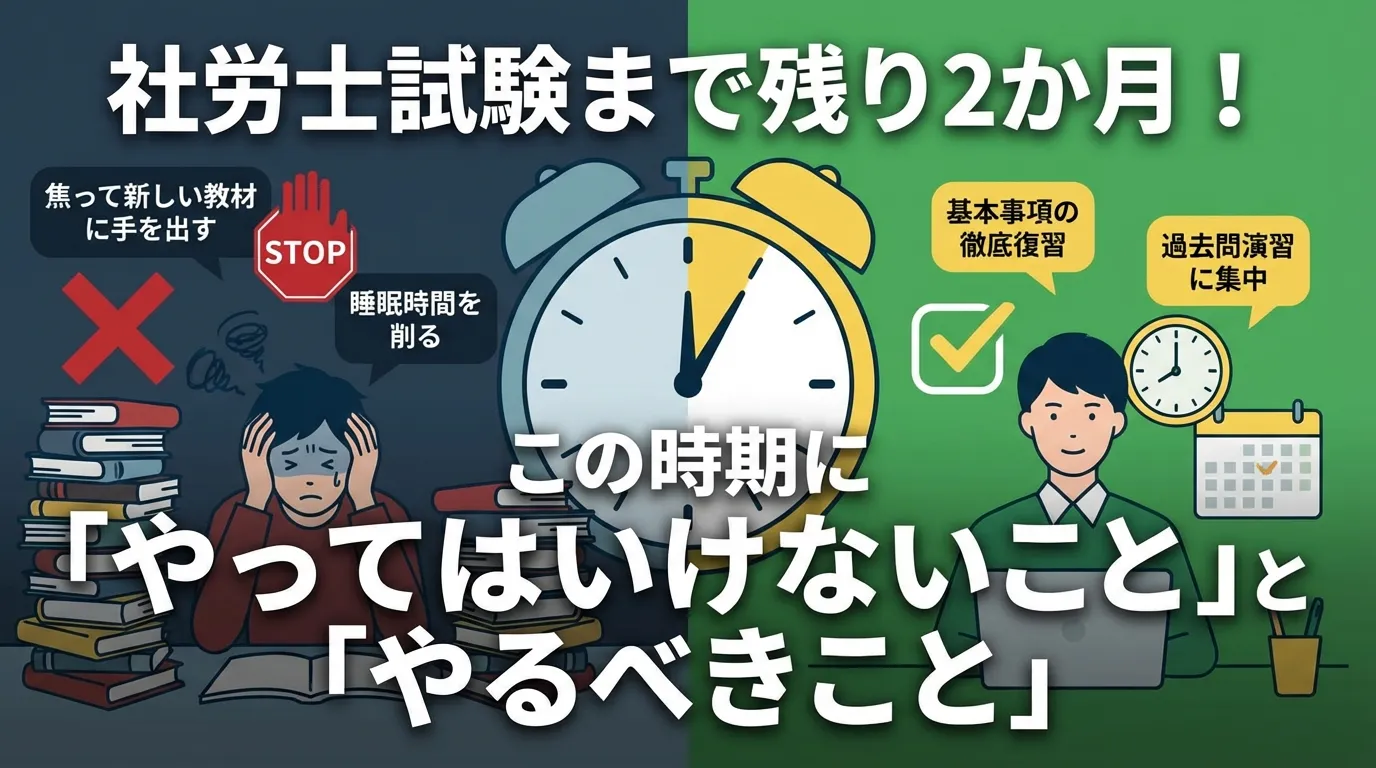 社労士試験まで残り2か月の時期における「やってはいけないこと」と「やるべきこと」を対比し、効率的な学習戦略を示したイラスト。