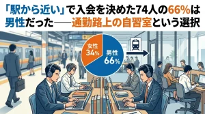 「駅から近い」理由で入会した人の66%が男性であることを示すグラフ。「通勤路上の自習室」という選択肢をテーマに、駅のホームと、ヘッドホンをして集中する男性たちの自習室風景を対比させたイラスト。