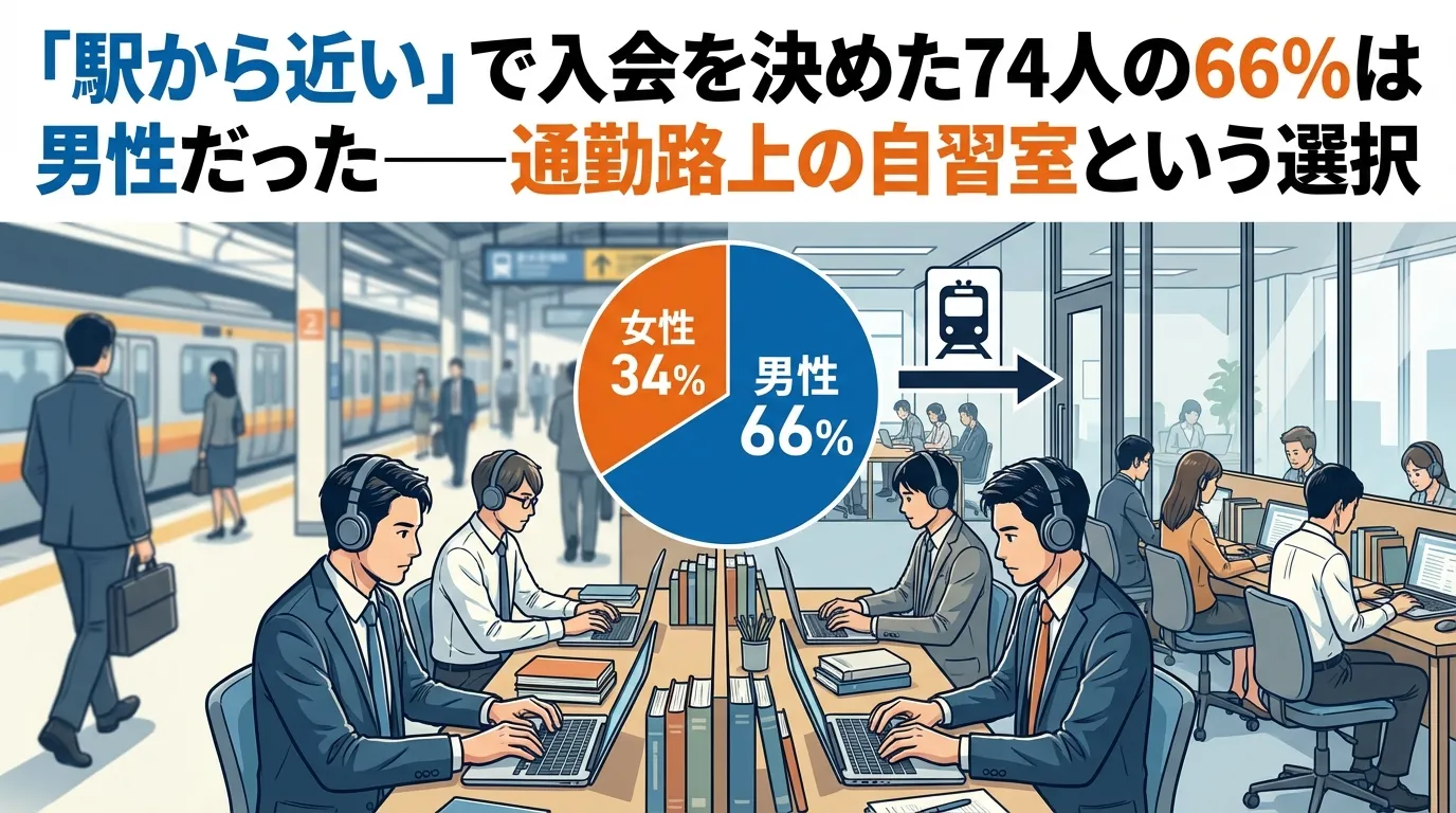 「駅から近い」理由で入会した人の66%が男性であることを示すグラフ。「通勤路上の自習室」という選択肢をテーマに、駅のホームと、ヘッドホンをして集中する男性たちの自習室風景を対比させたイラスト。