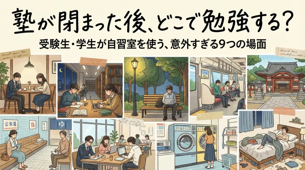 塾が閉まった後どこで勉強する？受験生や学生が自習室を利用する理由を示すイラスト（カフェ・図書館・公園・電車・神社・銭湯・コインランドリー・自宅など勉強場所の比較）