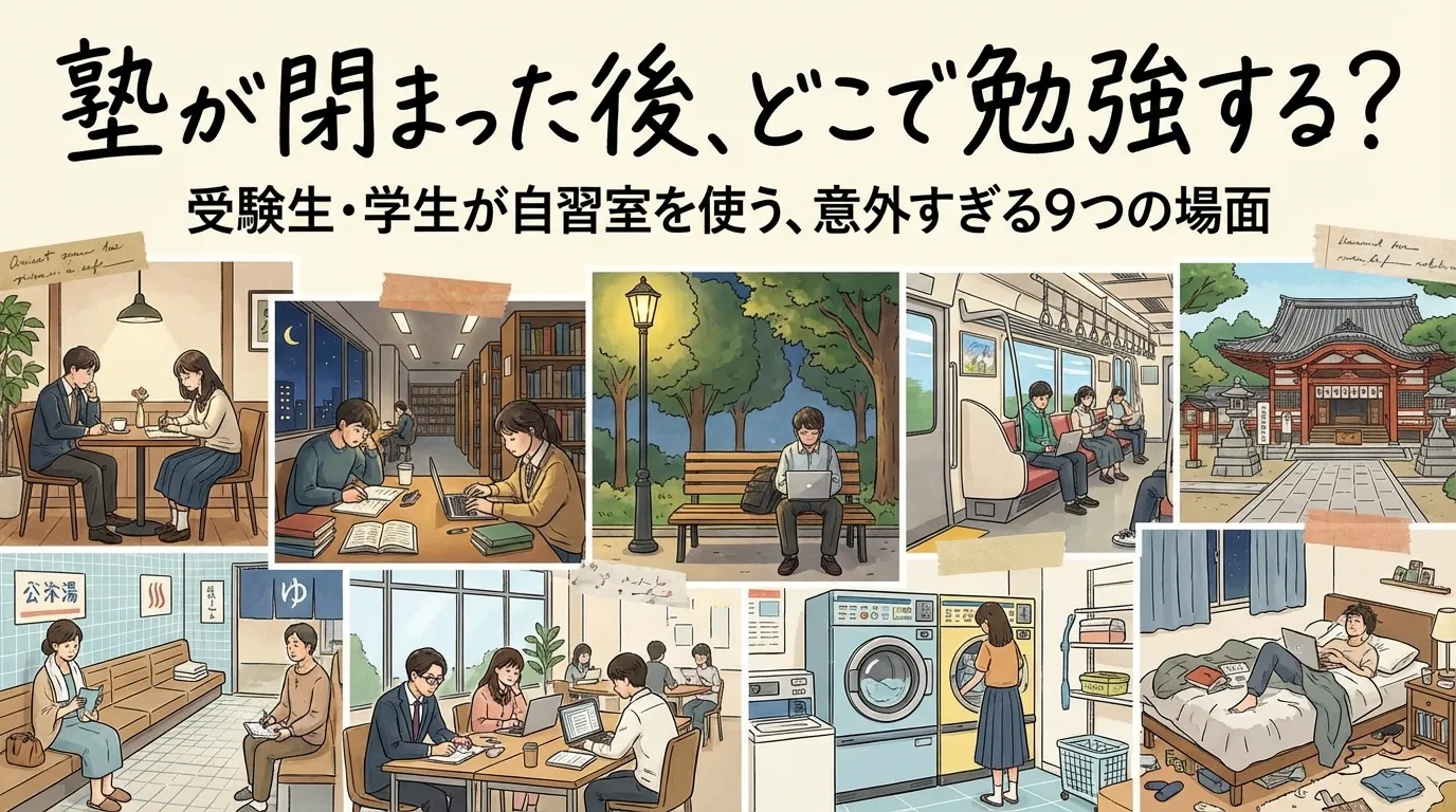塾が閉まった後どこで勉強する？受験生や学生が自習室を利用する理由を示すイラスト（カフェ・図書館・公園・電車・神社・銭湯・コインランドリー・自宅など勉強場所の比較）