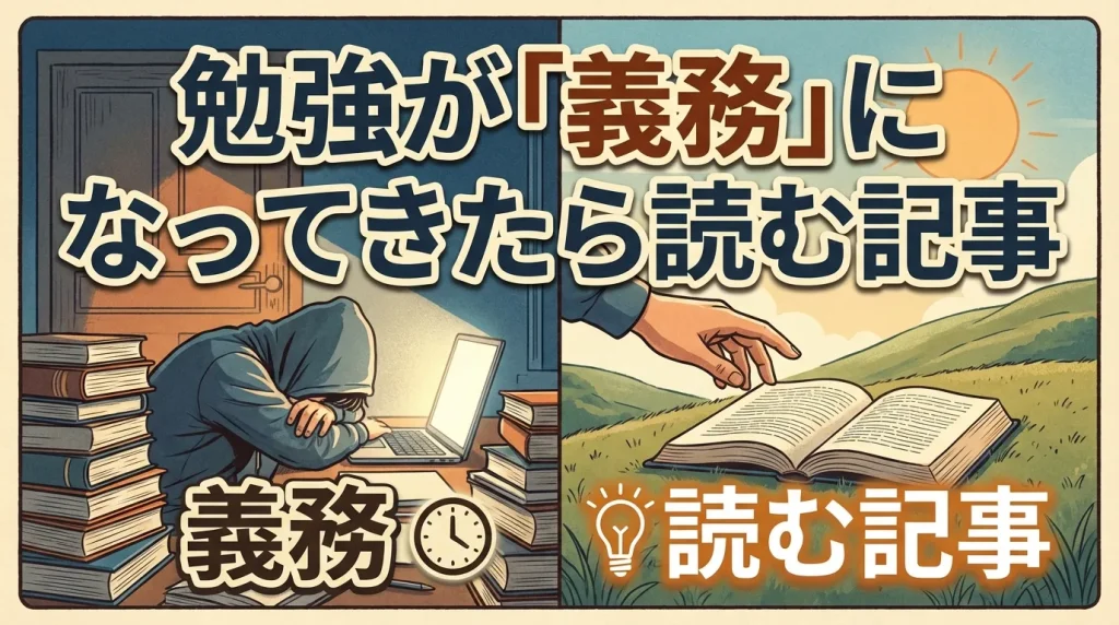 勉強が義務になり疲れている様子と、自然の中で本を手に取り前向きに学ぶ様子を対比し、学習への向き合い方の変化を表現したイラスト。