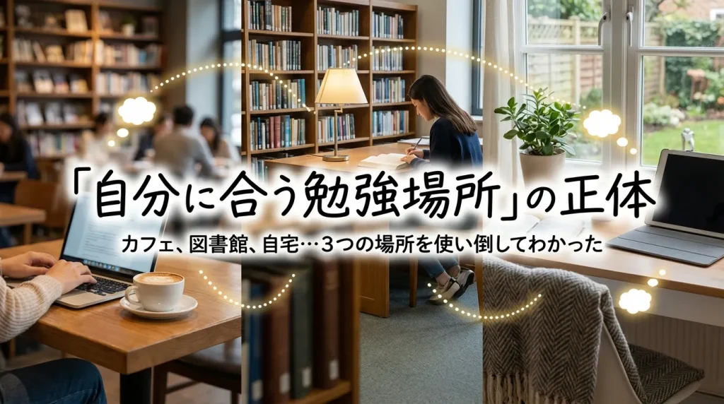 「自分に合う勉強場所」の正体をテーマに、カフェでのパソコン作業、図書館での読書、自宅のデスクの3つのシーンを比較した画像。
