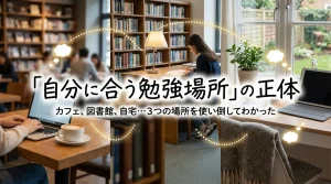 「自分に合う勉強場所」の正体をテーマに、カフェでのパソコン作業、図書館での読書、自宅のデスクの3つのシーンを比較した画像。