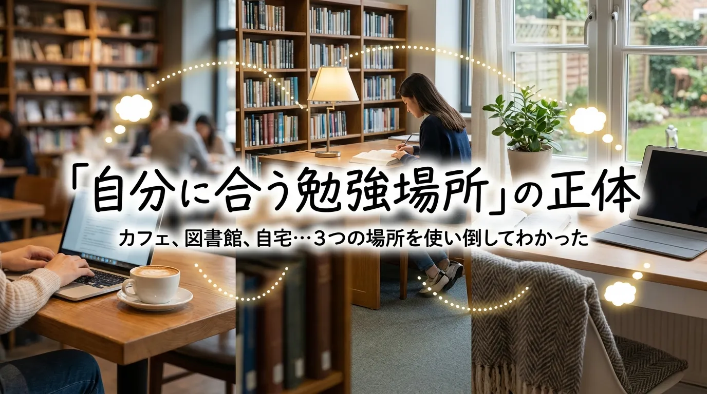 「自分に合う勉強場所」の正体をテーマに、カフェでのパソコン作業、図書館での読書、自宅のデスクの3つのシーンを比較した画像。