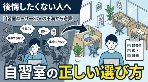 自習室の正しい選び方を解説するイラスト｜自習室ユーザー83人の不満から分かった静音性・広さ・設備など後悔しない勉強環境のチェックポイント