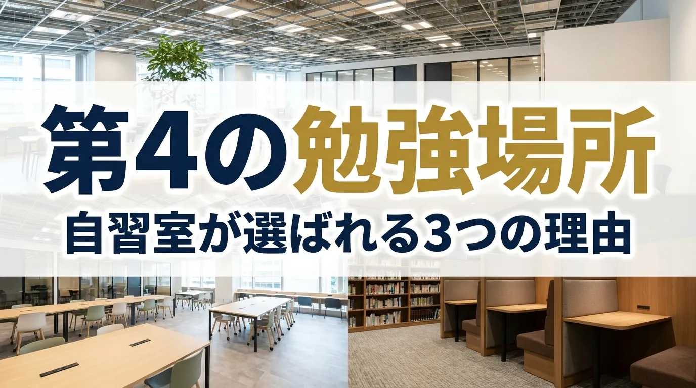 第4の勉強場所として注目される自習室｜カフェ・図書館・自宅に続く学習環境として自習室が選ばれる3つの理由を解説するイメージ