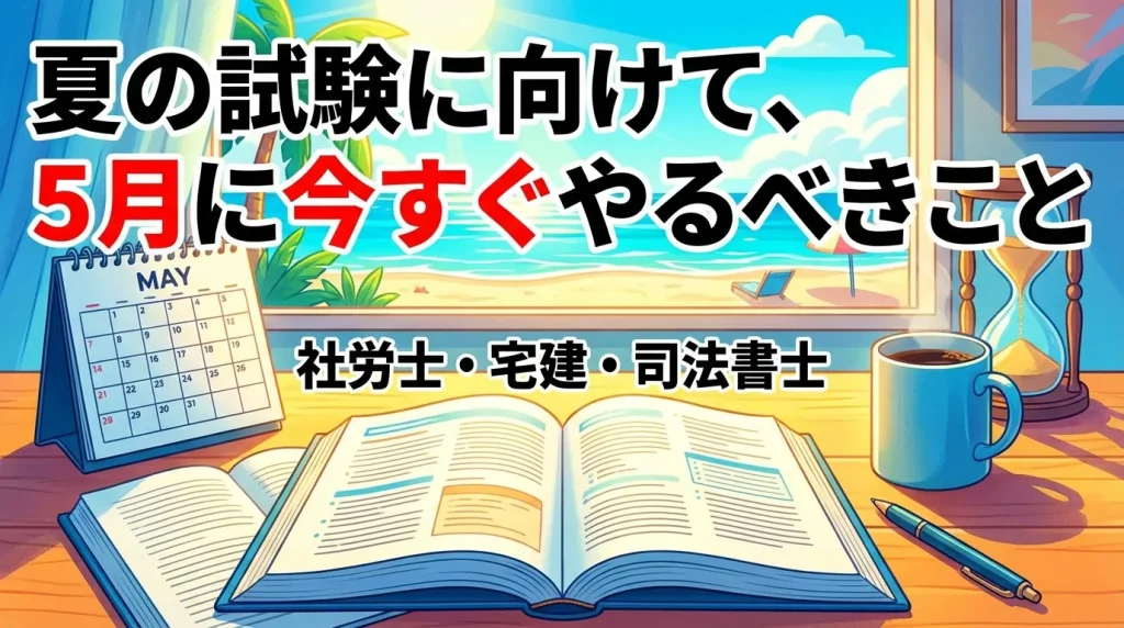 夏の試験に向けて5月にやるべきことをテーマに、海辺の風景と机上の教材やカレンダーを組み合わせて学習計画の重要性を表現したイラスト。