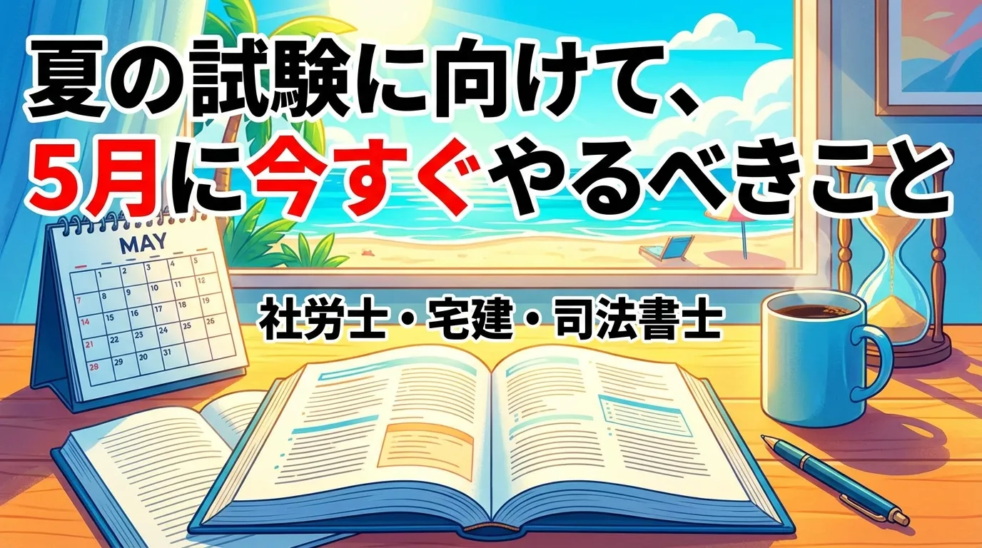 夏の試験に向けて5月にやるべきことをテーマに、海辺の風景と机上の教材やカレンダーを組み合わせて学習計画の重要性を表現したイラスト。