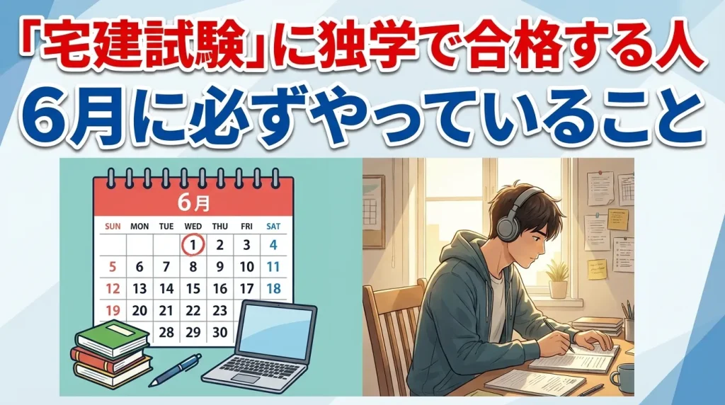 宅建試験に独学で合格するために6月にやるべきことを示したイメージ。カレンダーと勉強に集中する人物で計画的な学習の重要性を表現したシーン。