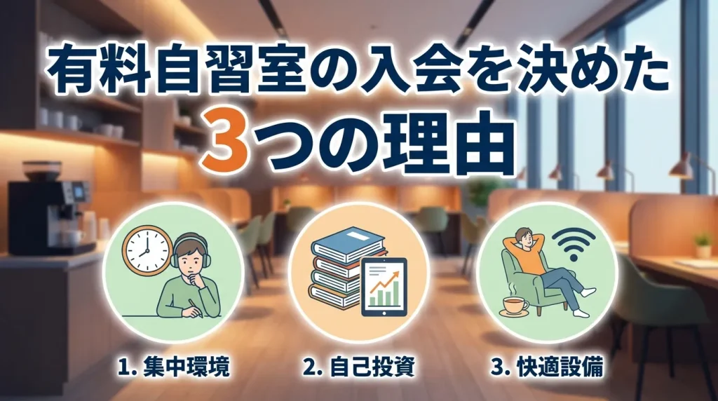 有料自習室への入会を決めた3つの理由を解説するバナー画像。1.集中環境、2.自己投資、3.快適設備の各ポイントをイラストとともに紹介。背景は清潔感のある自習室の風景。