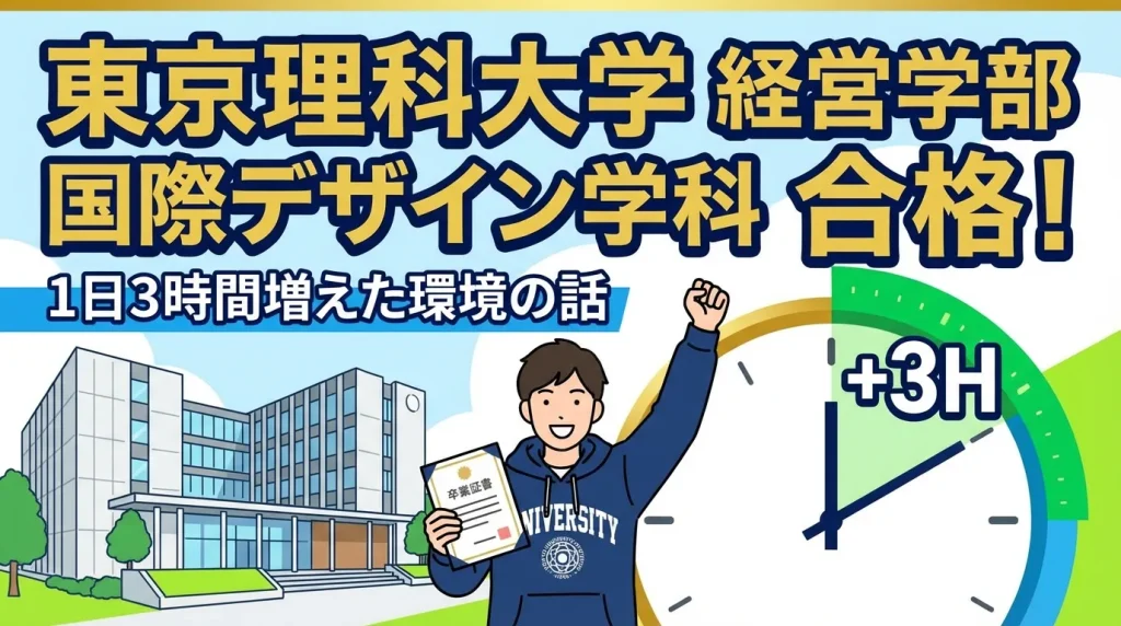 東京理科大学 経営学部 国際デザイン学科の合格報告。ガッツポーズをする学生のイラストと「1日3時間増えた環境の話」というテキスト。