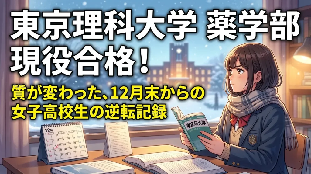 東京理科大学 薬学部に現役合格した女子高校生のイラスト。雪景色の窓辺で勉強する姿と「質が変わった、12月末からの逆転記録」というテキスト。