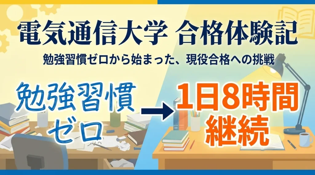 電気通信大学の合格体験記として、勉強習慣ゼロの状態から1日8時間の学習を継続できるようになった成長過程を表現したイメージ。