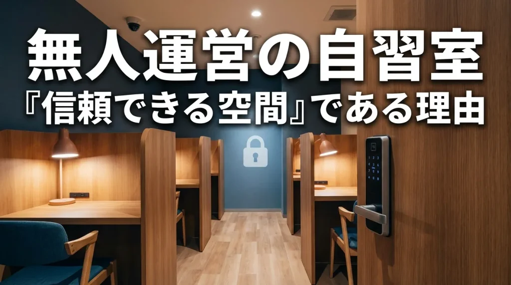 無人運営の自習室が信頼できる理由を解説するイメージ｜スマートロックと個別ブースを備えた安全で静かな学習空間