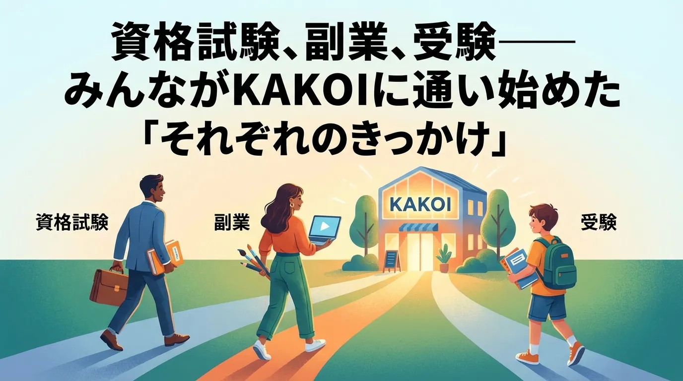 自習室・コワーキングスペース「KAKOI」に通い始めたきっかけ。資格試験、副業、受験を目的とした多様なユーザーが、それぞれの目標のために施設へ向かう様子を描いたイラスト。