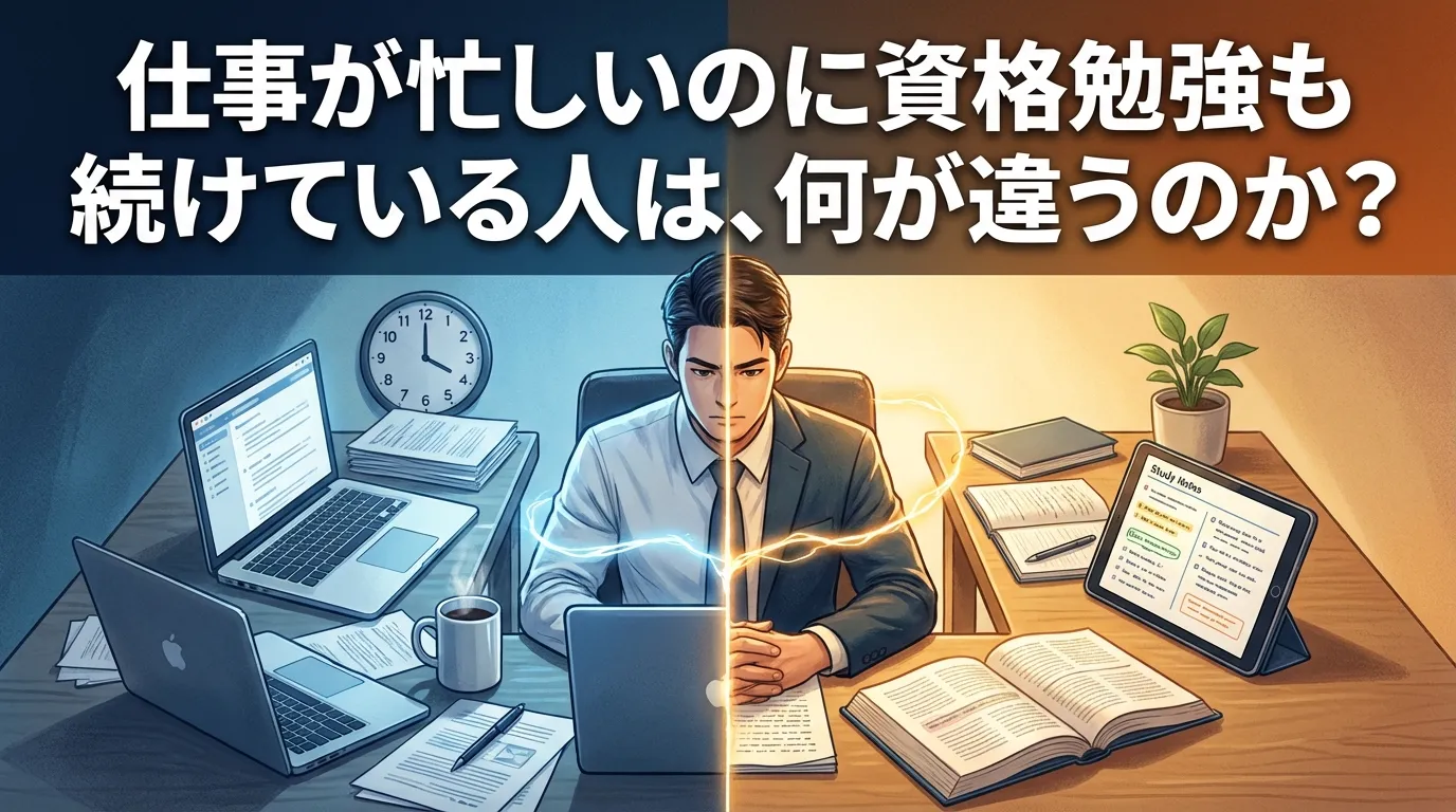 仕事に追われる環境と勉強に集中できる環境を対比し、忙しくても資格勉強を継続できる人の違いを表現したイラスト。