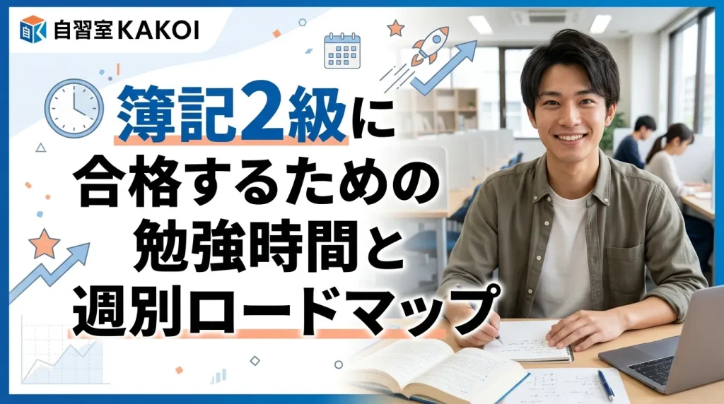 簿記2級に合格するための勉強時間と週別ロードマップを解説するページの画像。文京区の有料自習室KAKOIで簿記2級の集中学習ができる静かな自習環境を提供。