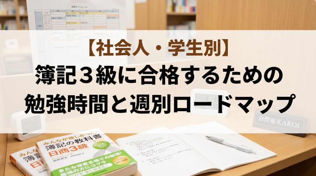 社会人・学生別に簿記3級合格に必要な勉強時間と週別ロードマップを解説するページの画像。文京区の有料自習室KAKOIで簿記資格取得に向けて集中して学習できる環境。