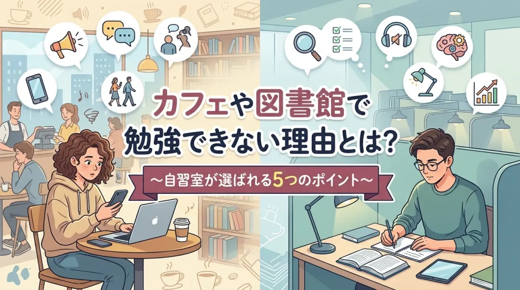 カフェや図書館で勉強できない理由と自習室が選ばれる5つのポイントを解説したバナー画像