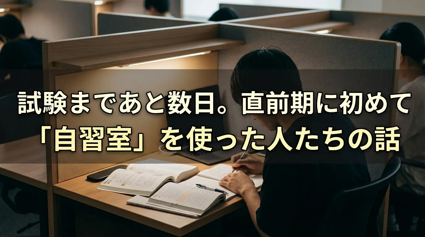 試験直前期に初めて有料自習室を使った人たちの体験談を紹介する記事の画像。半個室ブースで勉強する受験生の様子と文京区の自習室KAKOI。