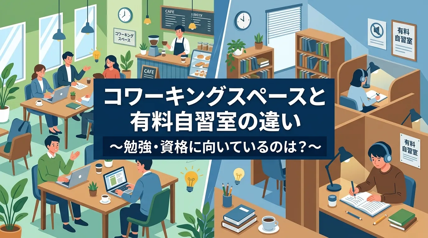 コワーキングスペースと有料自習室の違いを比較したバナー画像|勉強・資格取得に向いているのはどちら?