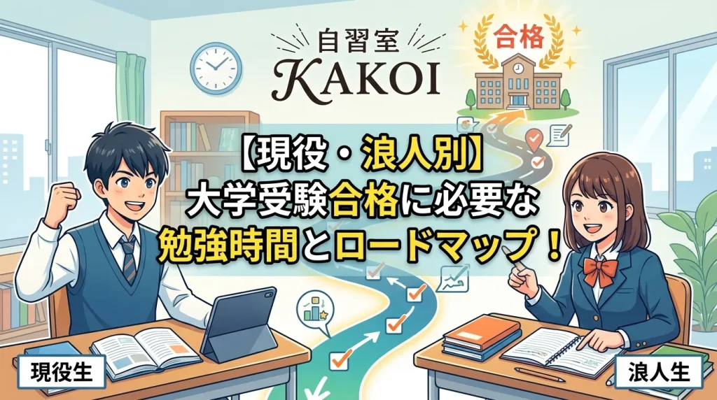 現役生・浪人生別に大学受験合格に必要な勉強時間とロードマップを解説するイラスト。文京区の自習室KAKOIで受験勉強に集中できる環境を提供。