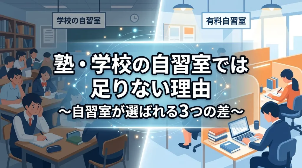 塾・学校の自習室では足りない理由と有料自習室が選ばれる3つの差を解説したバナー画像｜文京区KAKOI
