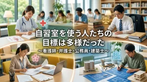 自習室を使う人たちの目標は多様だったことを紹介するバナー画像｜看護師・弁護士・公務員・建築士をめざす利用者が集う文京区KAKOI