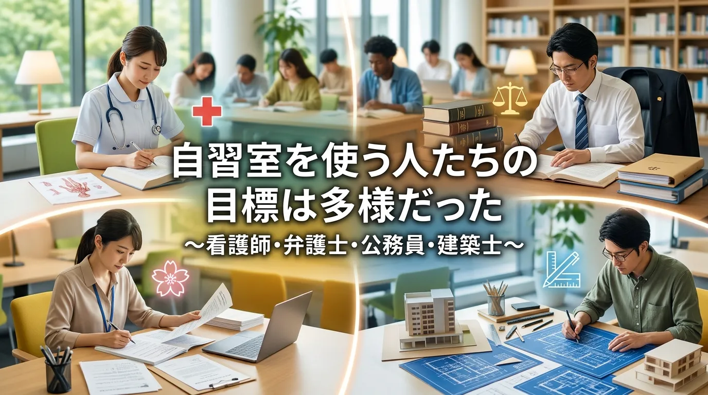 自習室を使う人たちの目標は多様だったことを紹介するバナー画像|看護師・弁護士・公務員・建築士をめざす利用者が集う文京区KAKOI