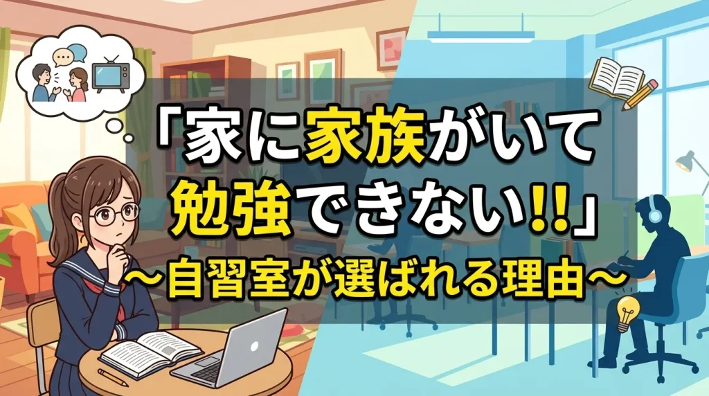 家に家族がいて勉強できない悩みと自習室が選ばれる理由を解説したバナー画像｜文京区の有料自習室KAKOI