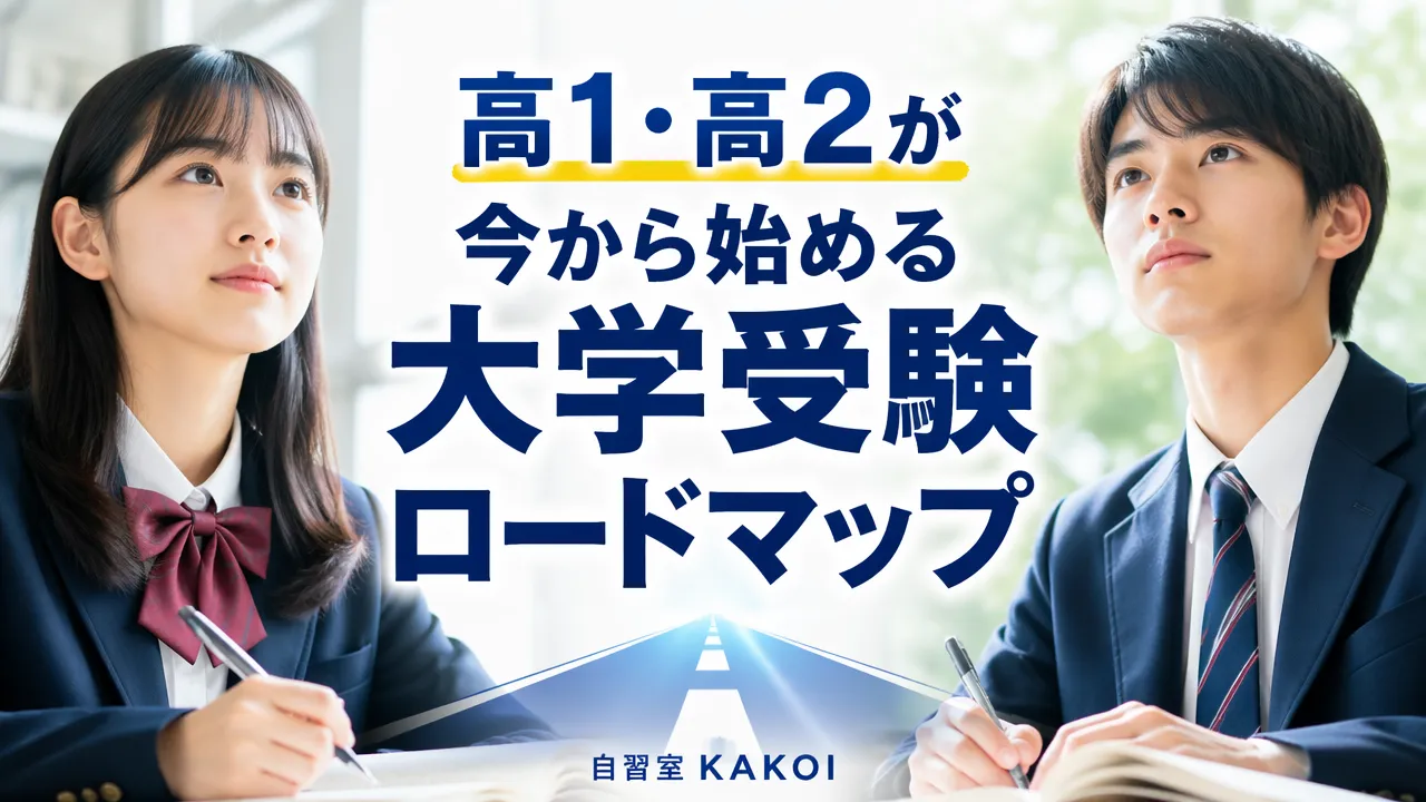 文京区の自習室KAKOIで夢を見据える高校1・2年生の男女と「高1・高2が今から始める大学受験ロードマップ」のテキストが書かれたバナー画像
