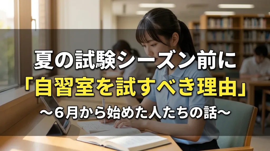 夏の試験シーズン前に自習室を試すべき理由を、6月から使い始めた人たちの体験談とともに紹介する記事の画像。図書館で勉強する学生の写真と文京区KAKOI。