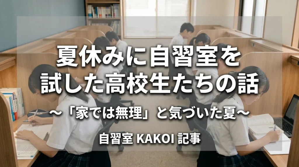 夏休みに自習室を試した高校生たちの体験談を紹介する記事の画像。「家では無理」と気づいた夏、文京区の有料自習室KAKOIを使い始めた高校生の勉強の様子。
