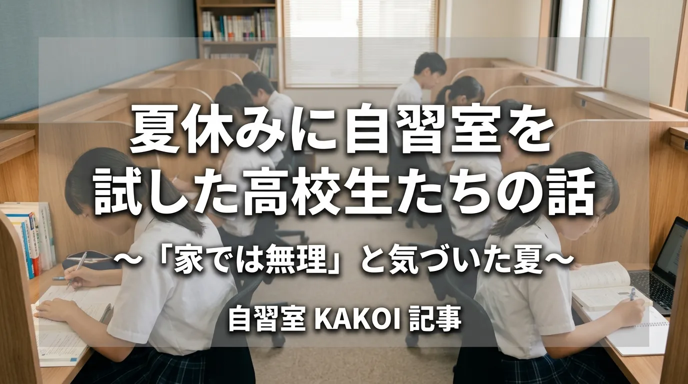 夏休みに自習室を試した高校生たちの体験談を紹介する記事の画像。「家では無理」と気づいた夏、文京区の有料自習室KAKOIを使い始めた高校生の勉強の様子。