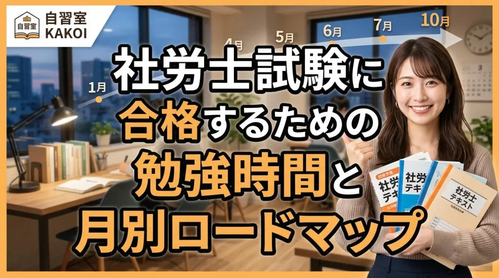 社労士試験に合格するための勉強時間と月別ロードマップを解説するページの画像。文京区の有料自習室KAKOIで社会保険労務士試験の集中学習ができる環境を紹介。