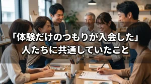 「体験だけのつもりが入会した」と語る自習室KAKOI利用者たちに共通していたことを紹介する記事の画像。複数人が笑顔で集まる様子と、文京区有料自習室KAKOIの体験談。