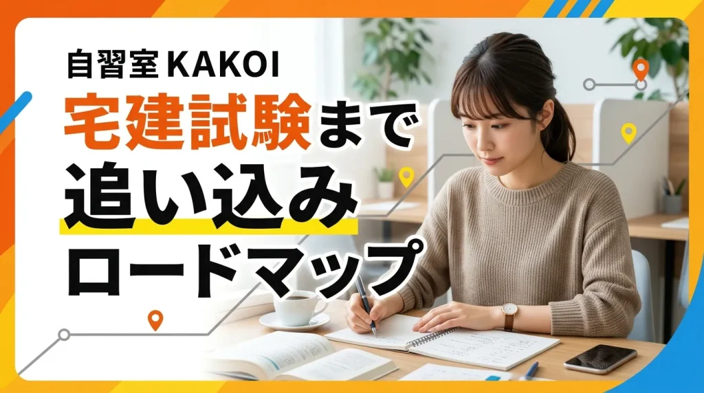 宅建試験まで1ヶ月の追い込みロードマップを解説するページの画像。文京区の有料自習室KAKOIで宅建試験直前期の集中学習に取り組む様子のビジュアル。