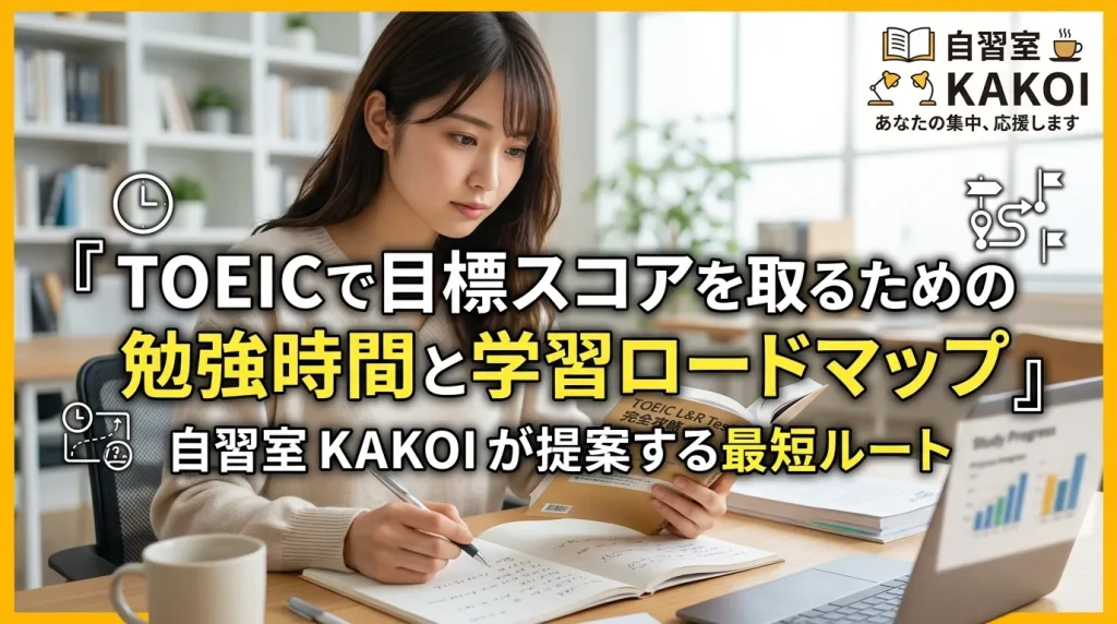 TOEICで目標スコアを取るための勉強時間と学習ロードマップを解説するページの画像。文京区の有料自習室KAKOIが提案するTOEIC最短合格ルートのビジュアル。