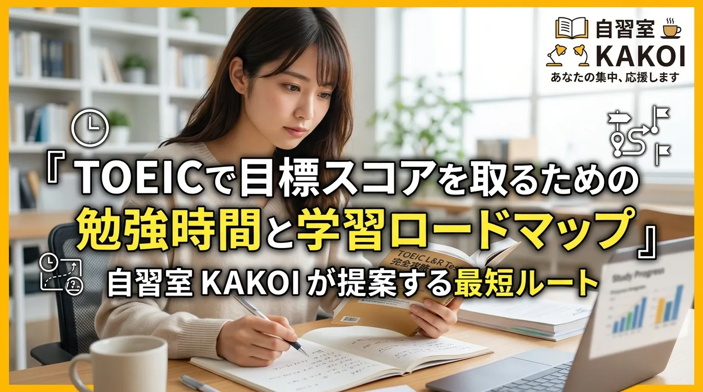 TOEICで目標スコアを取るための勉強時間と学習ロードマップを解説するページの画像。文京区の有料自習室KAKOIが提案するTOEIC最短合格ルートのビジュアル。
