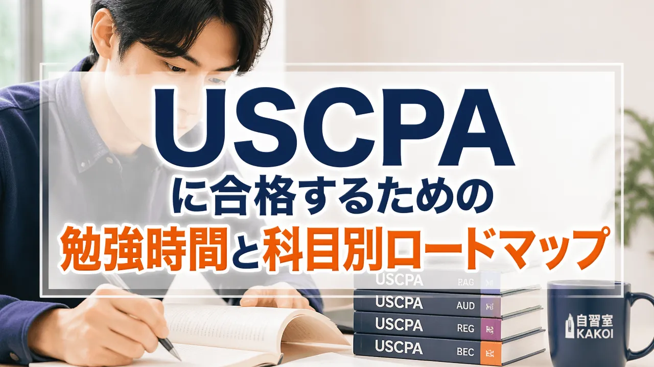 文京区の自習室KAKOIでUSCPAの参考書を前に勉強する男性と「USCPAに合格するための勉強時間と科目別ロードマップ」およびAUD・REG・BECの科目テキストが書かれたバナー画像